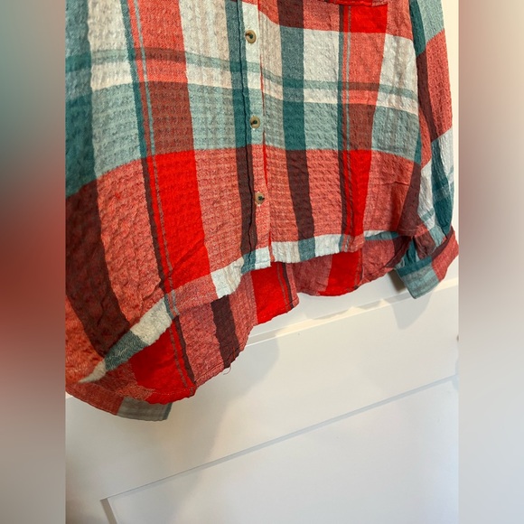 Anthropologie Pilcro Breezy button down shirt red teal plaid boho western sz XL - Picture 7 of 10